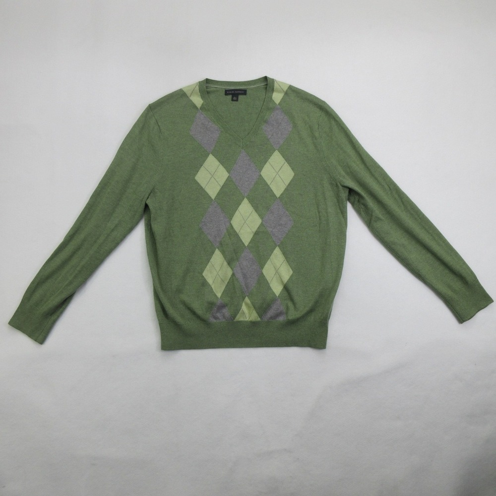 Banana Republic Mens L Green Gray Argyle V-Neck Silk Cotton Cashmere Sweater